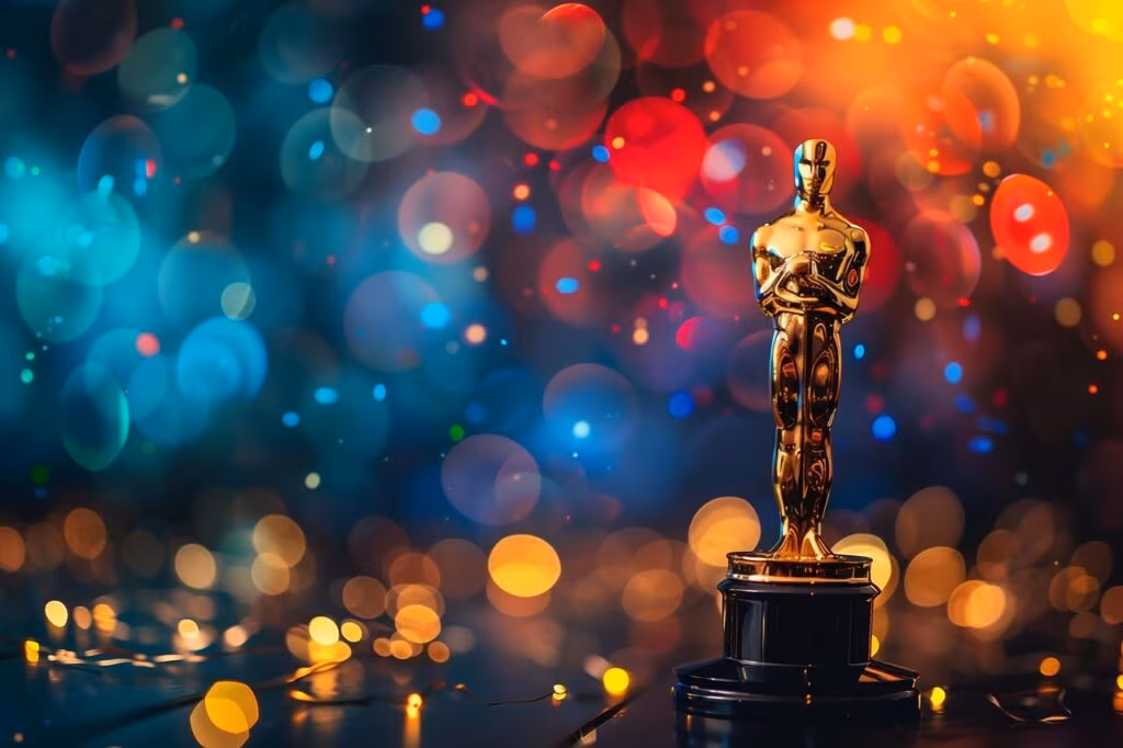 A chef smiling while holding a Michelin star plaque on stage during an awards ceremony.