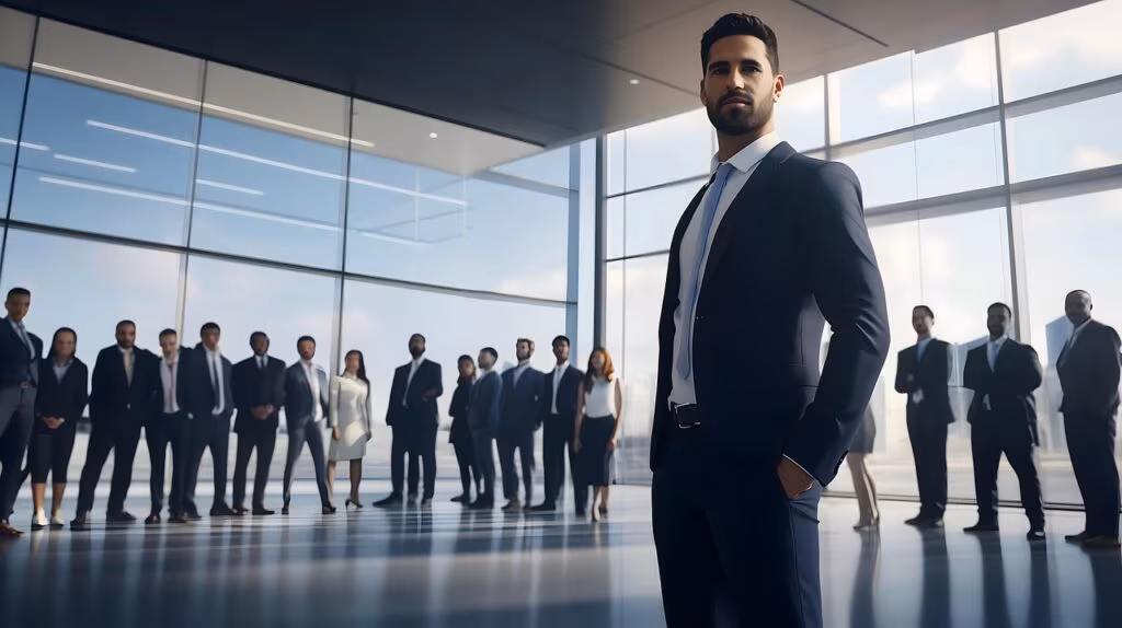 A corporate executive looking over documents in a modern office, symbolizing restructuring and layoffs.