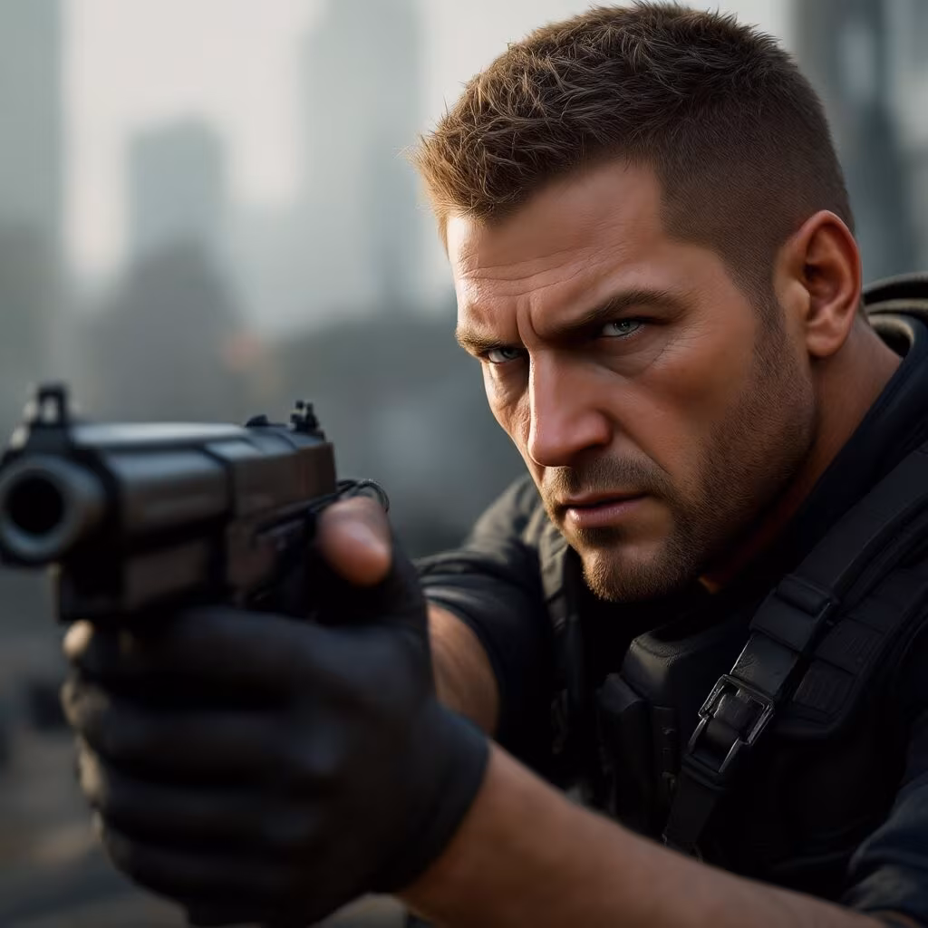 A dark, atmospheric image evoking the survival horror genre of Resident Evil, focusing on a mysterious figure.