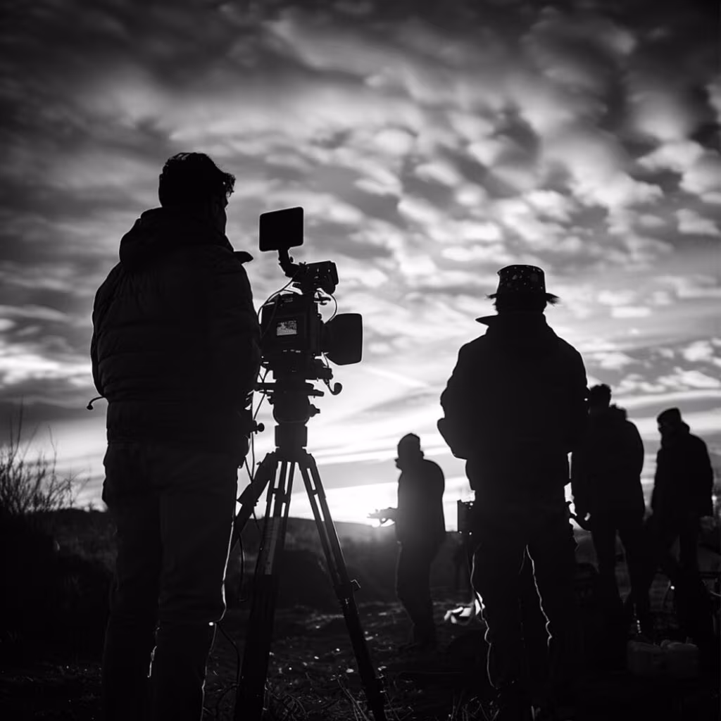 A film director on a dark set, possibly of a horror movie, reviewing a shot.