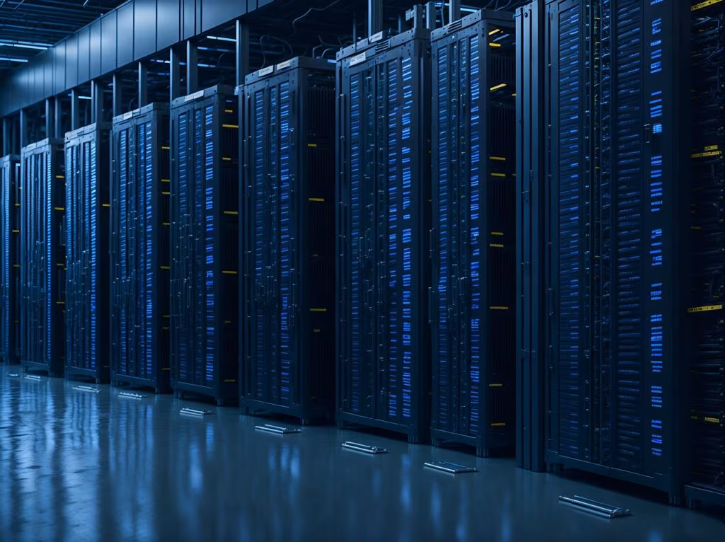A large, modern data center facility with rows of server racks and visible cooling infrastructure, symbolizing AI computing power.