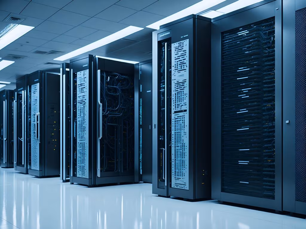 A large, modern data center facility with rows of server racks, symbolizing the massive infrastructure investment by tech companies.