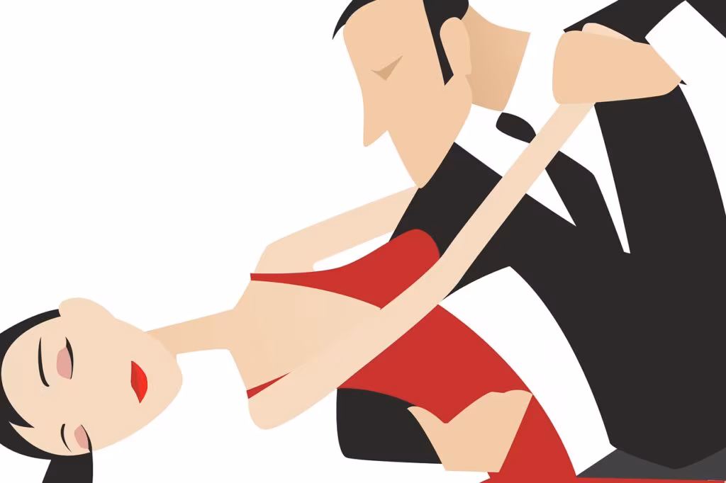 A professional ballroom dancing couple in dramatic Halloween costumes performing a routine