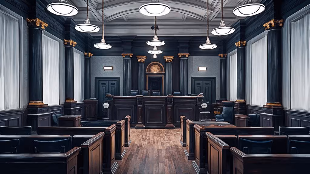 A view of a courtroom with a witness stand and jury box, symbolizing the ongoing civil trial.