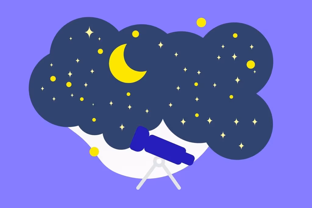 Astronomer looking through a large optical telescope at night in an observatory dome