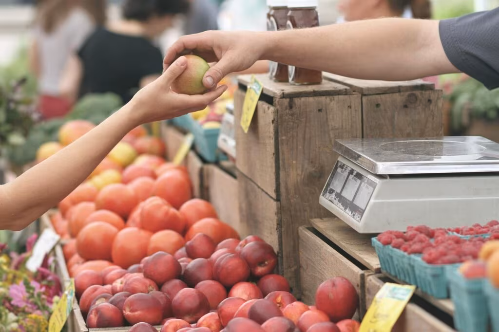 Chef selecting fresh vegetables from a basket of locally sourced produce.