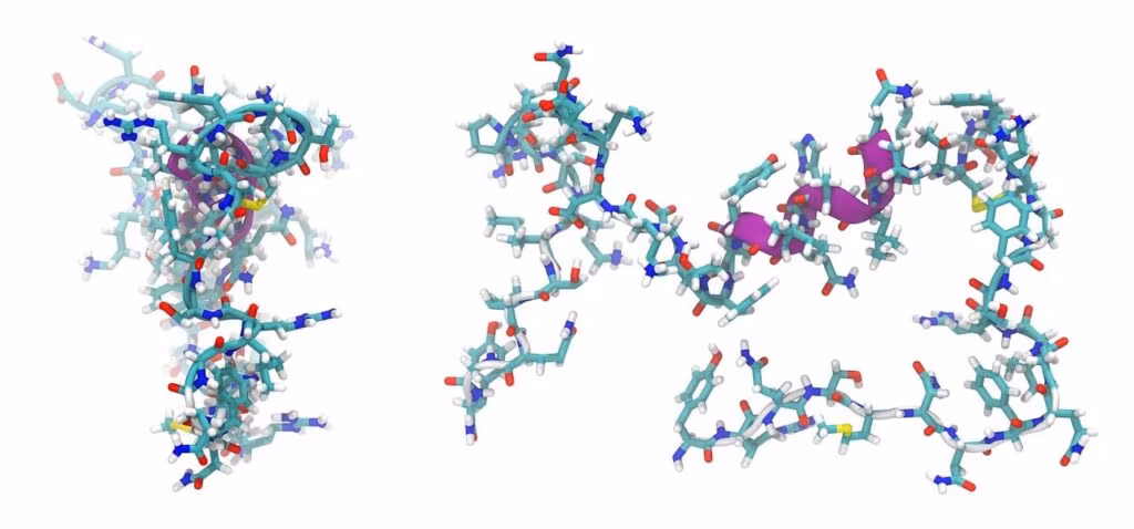 Conceptual illustration of a helicase protein using ATP energy to unwind a strand of nucleic acid.