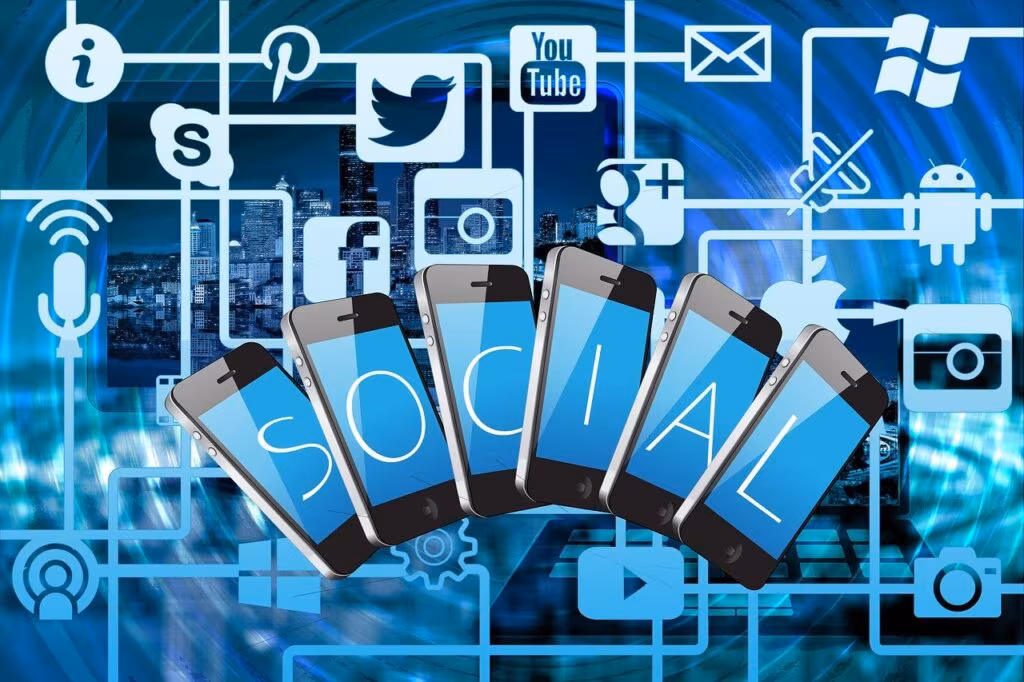 Digital icons representing Apple services like Apple Music, iCloud, and App Store