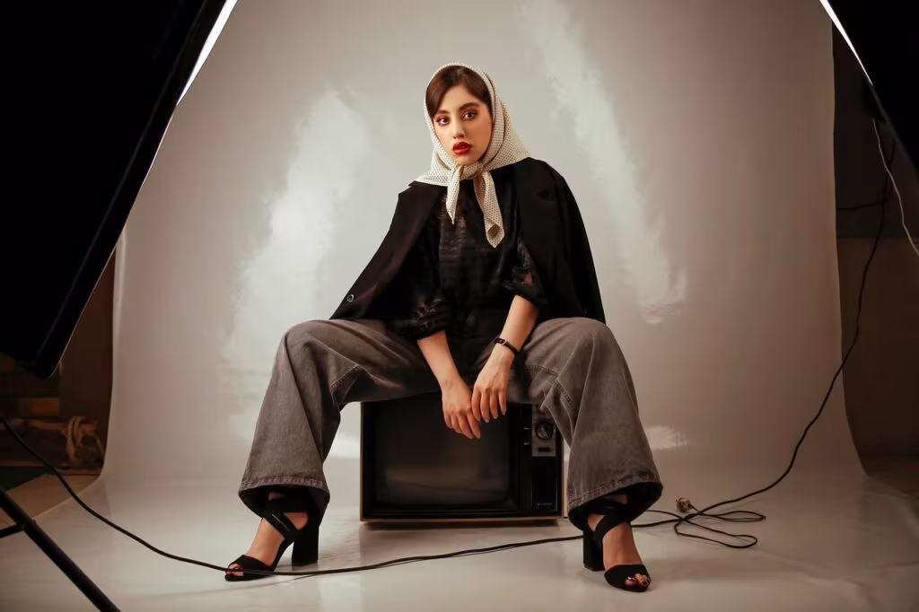 Empty television studio set with cameras and lighting equipment