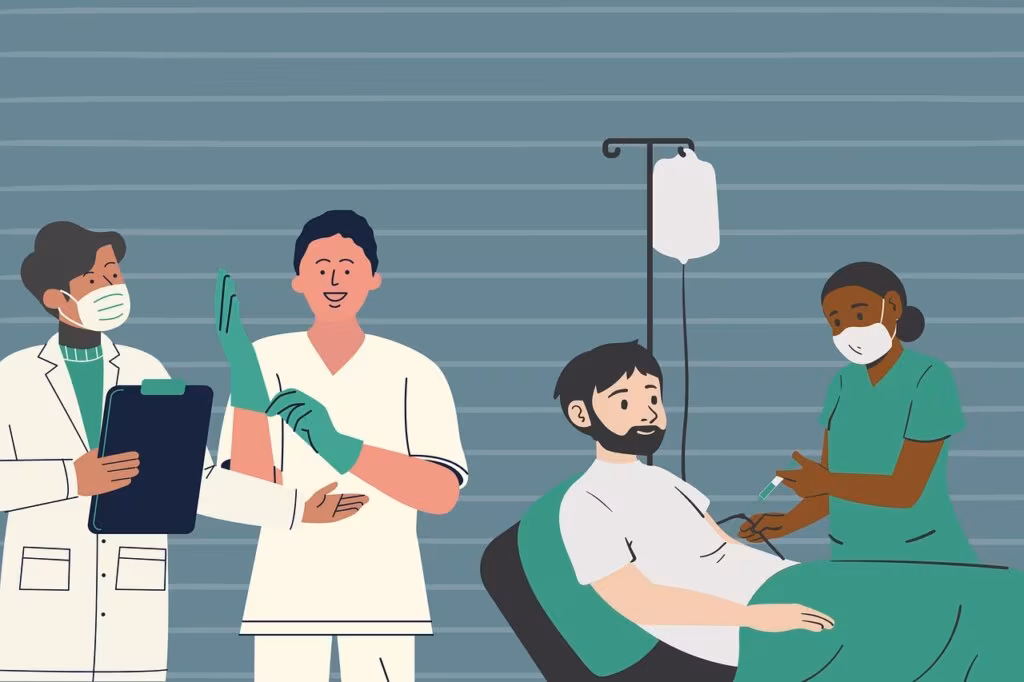 Intravenous infusion drip being administered in a hospital setting, symbolizing the clinical trial procedure.