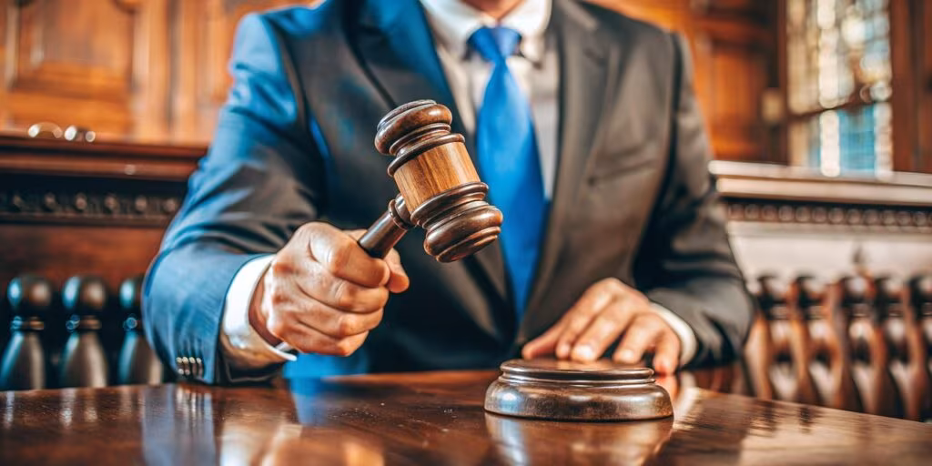 Judge's gavel resting on a sound block in a federal courtroom after a sentencing.