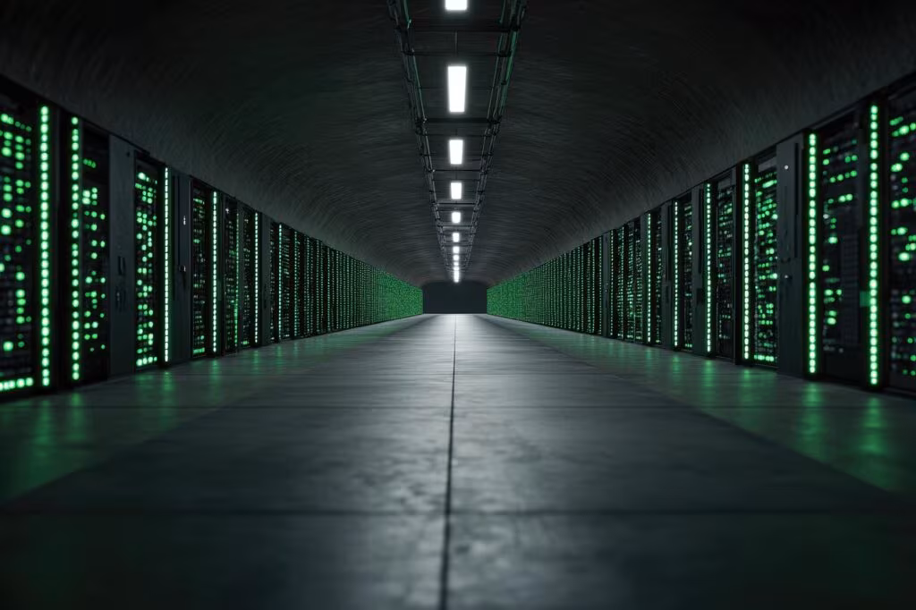 Massive server room with rows of high-performance computing equipment