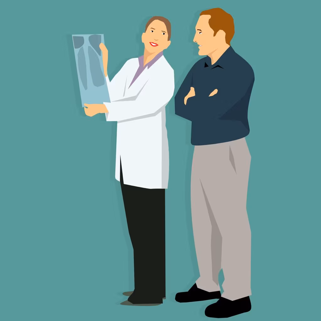 Medical professional discussing health advice with a patient in a clinical setting.