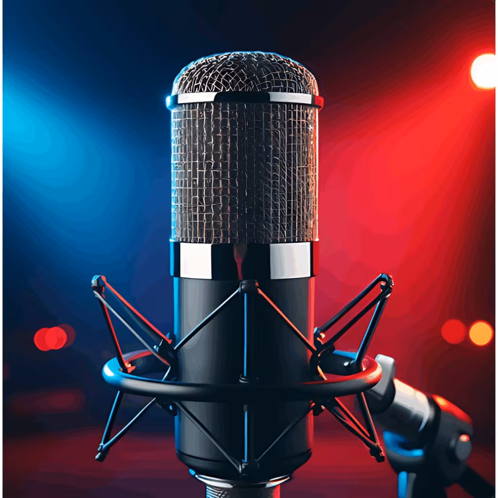 Podcast recording studio setup with microphones and headphones