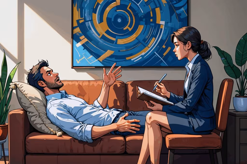 Psychiatrist speaking with a patient in a clinical setting, symbolizing the standard care component of the study.