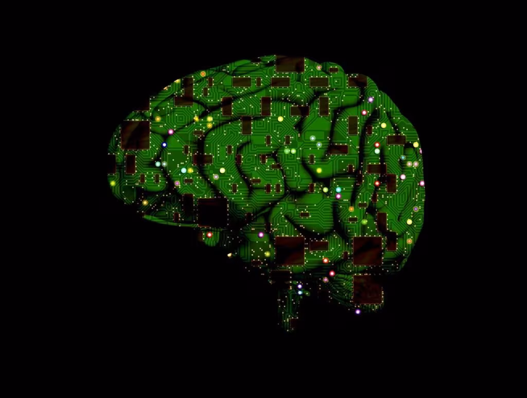 Visual representation of a complex artificial intelligence neural network processing large amounts of data quickly.