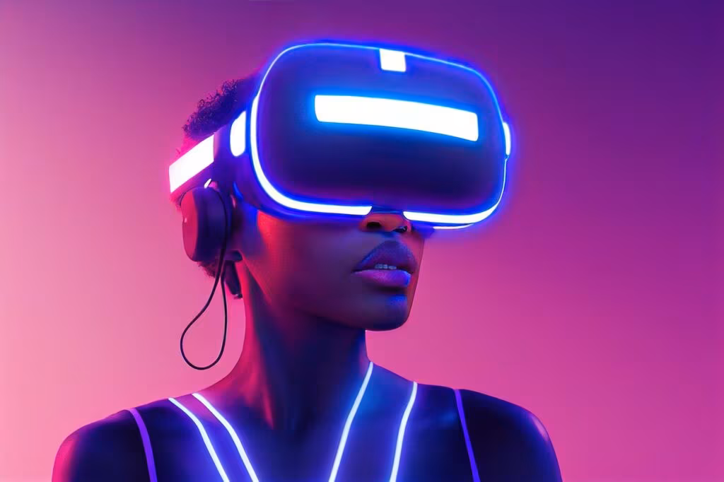 A close-up shot of the PlayStation VR2 headset and Sense controllers, emphasizing the VR gaming experience.