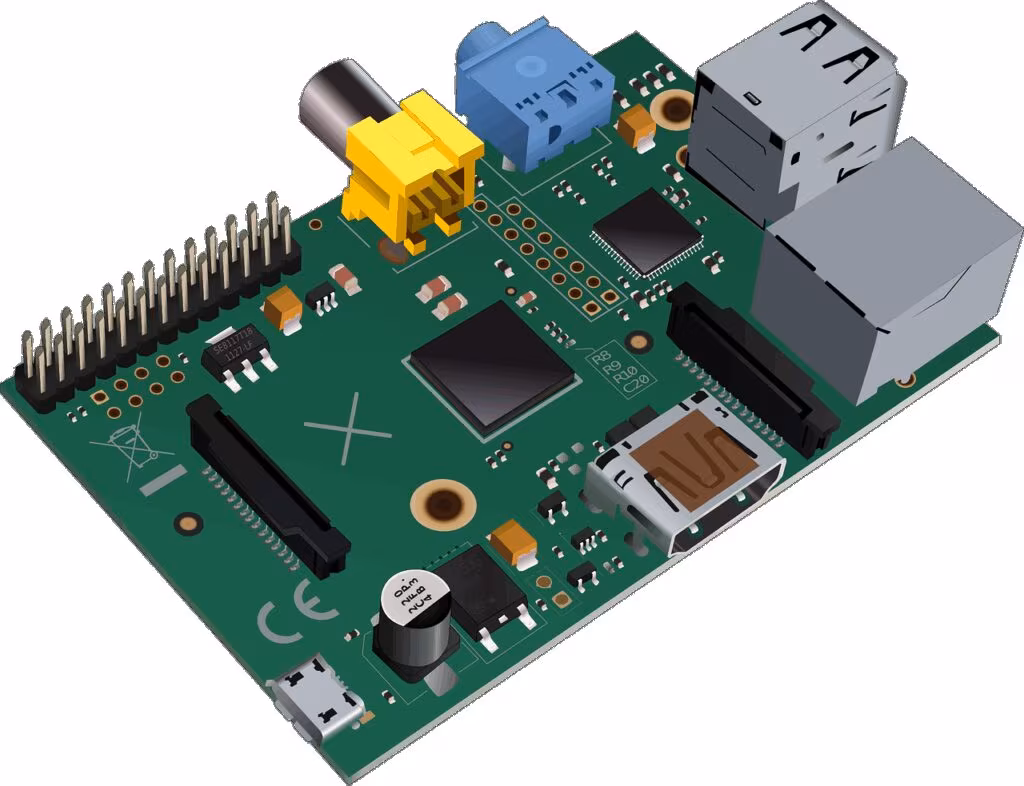 A close-up view of a Raspberry Pi single-board computer with various ports and components visible.