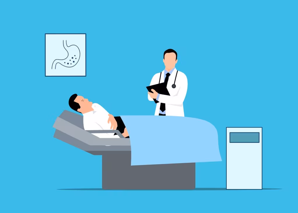 A doctor in an emergency room assessing a patient who is clutching their stomach in pain.