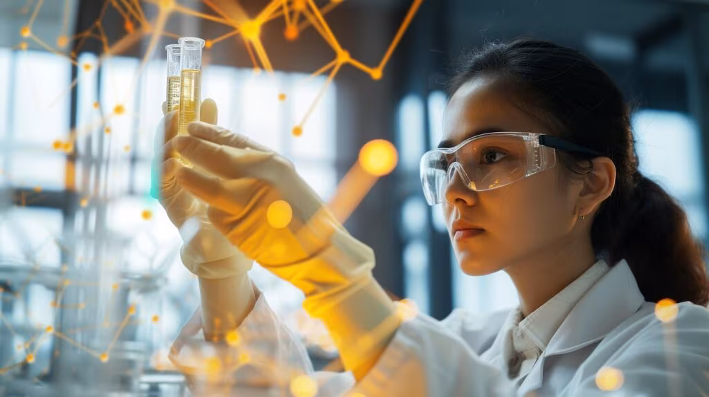 A scientist in a laboratory analyzing DNA sequences on a computer screen, symbolizing genetic research and evolutionary studies.