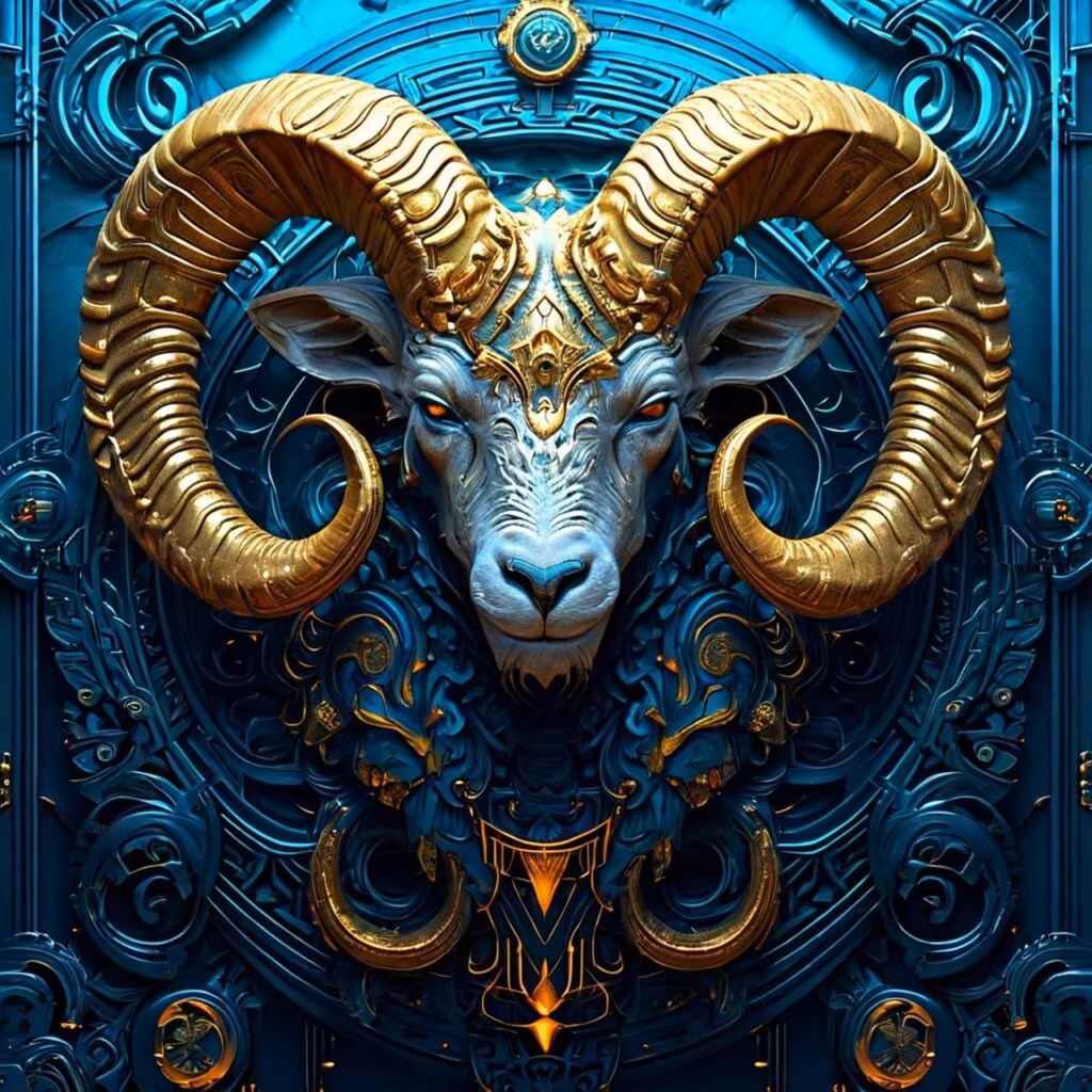 A stylized depiction of the Aries zodiac sign, the Ram, against a starry night sky.