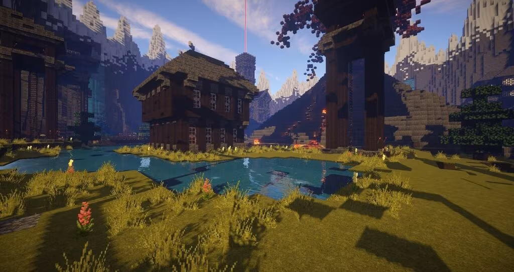 A stylized image of a voxel-based game world, showing detailed terrain and structures, representing the Hytale aesthetic.