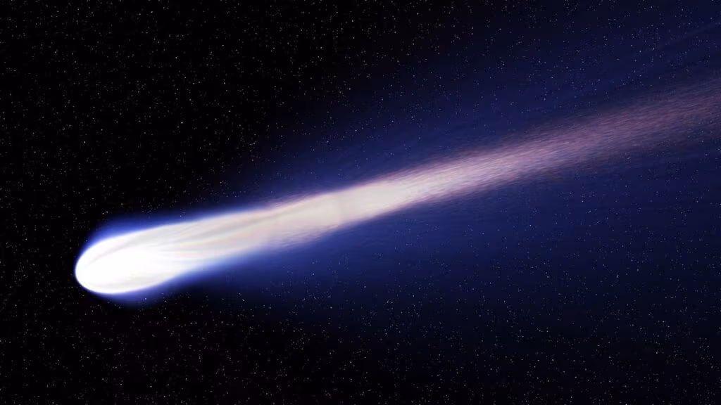 Artistic illustration of a comet with a bright tail moving through the dark void of space.