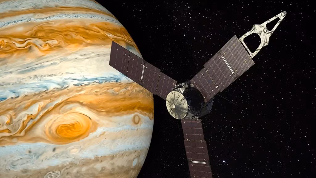 Artistic rendering of the NASA Juno spacecraft in orbit around Jupiter, showing its solar panels and instruments.