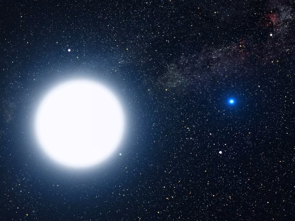 Artist's concept illustrating a white dwarf star with a companion star, showing gas being pulled into an accretion disk and funneled by magnetic fields.