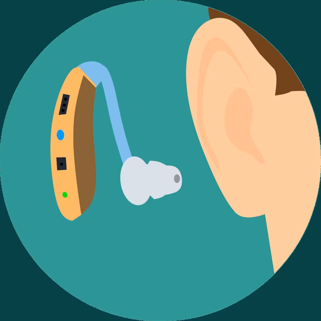 Close-up image of a senior adult wearing a modern hearing aid in their ear.