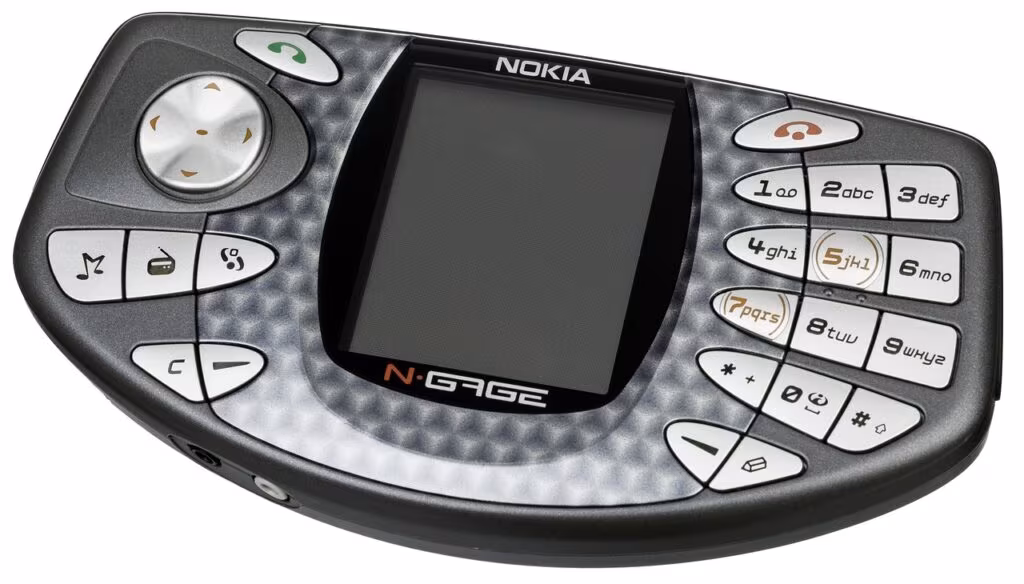 Close-up of a compact handheld gaming device, similar to the Super Pocket, featuring custom branding.