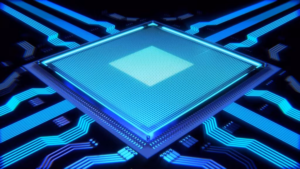 Close-up of a complex semiconductor chip used for artificial intelligence processing.
