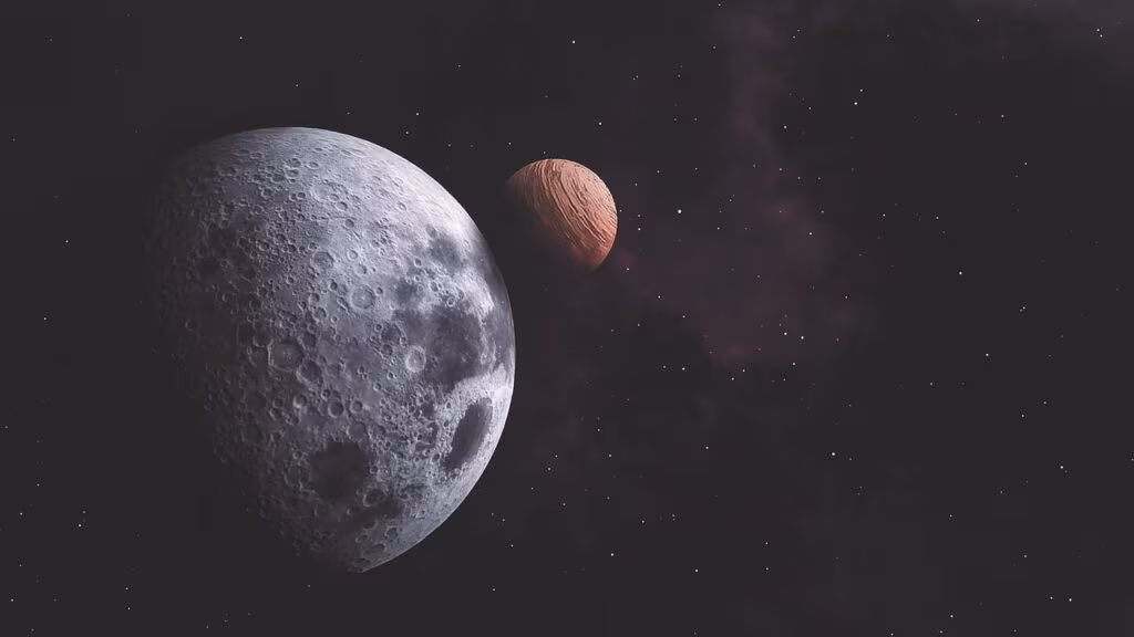 Conceptual image of a satellite orbiting the planet Mars during a scientific mission.