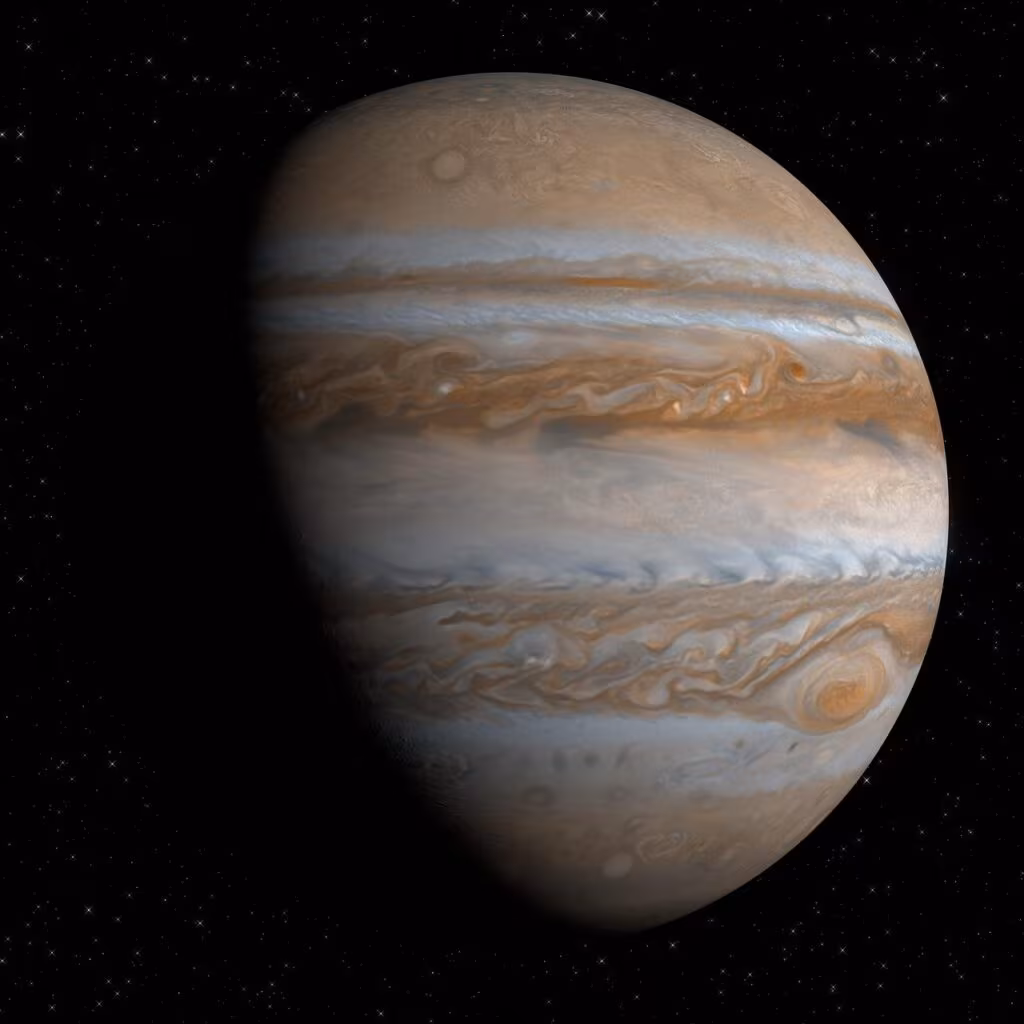 Detailed image of Jupiter showing its swirling clouds, bands, and the Great Red Spot, with Io visible nearby as a small, colorful dot.