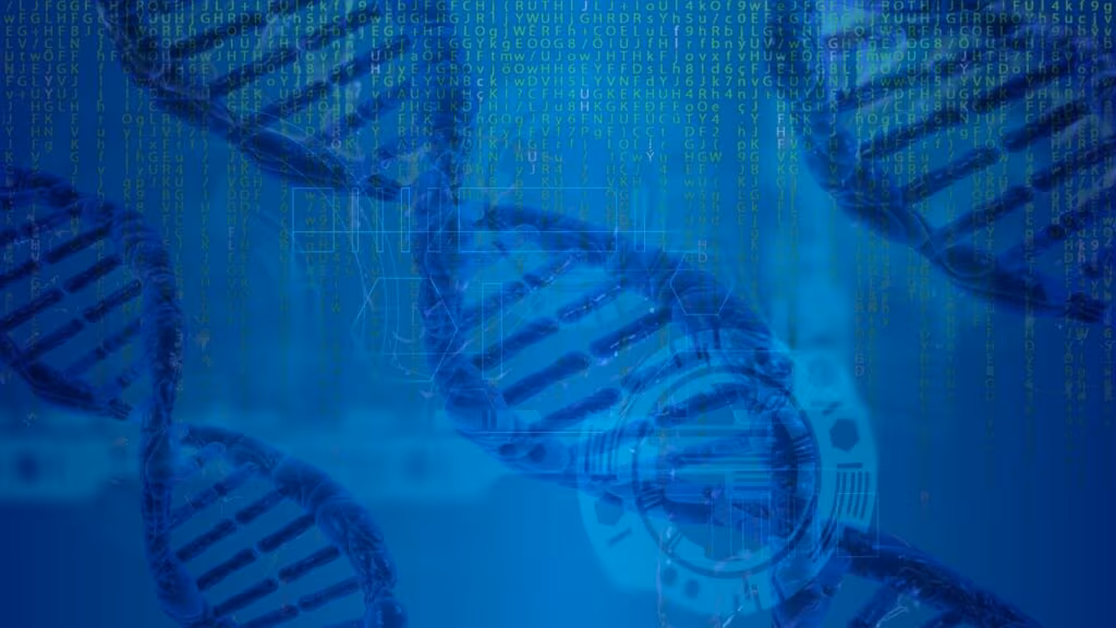 Digital representation of a DNA helix structure with genomic sequencing data displayed on a screen.