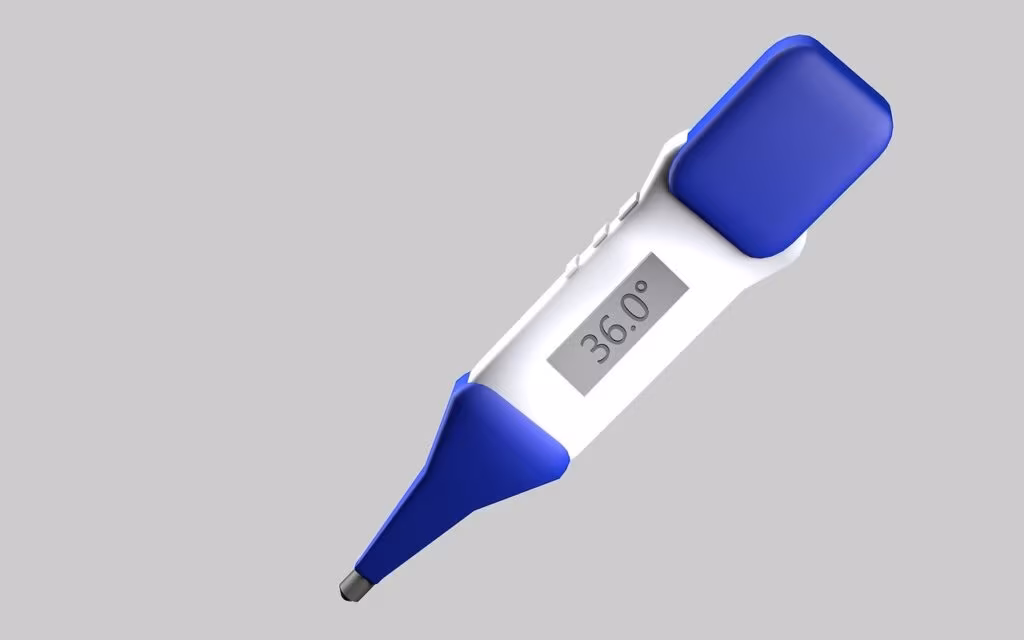 Digital thermometer showing a high temperature, symbolizing the critical indicator for contagiousness.