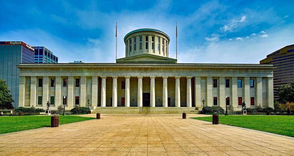 Exterior view of the Ohio Statehouse in Columbus, symbolizing the political negotiations over the congressional map.