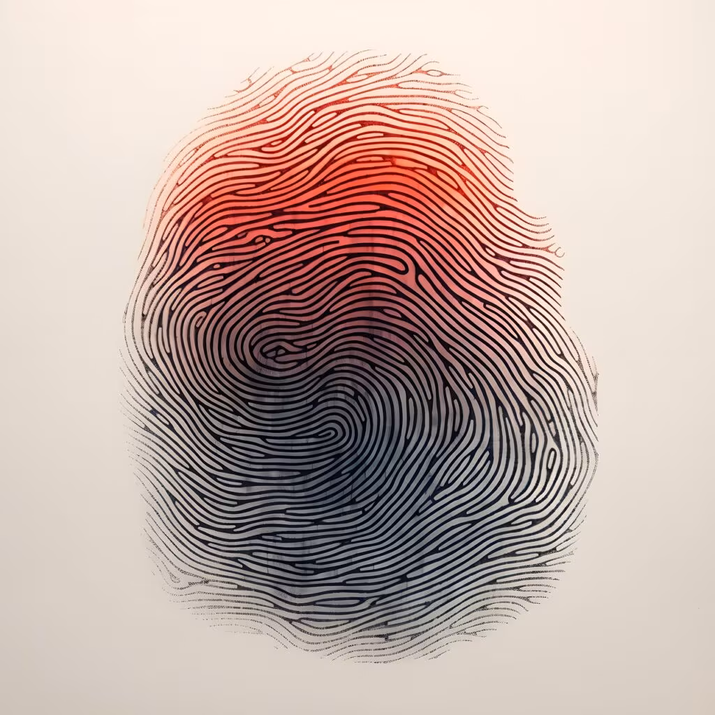 Highly magnified image of a fingerprint pattern being analyzed on a computer screen for identification points.