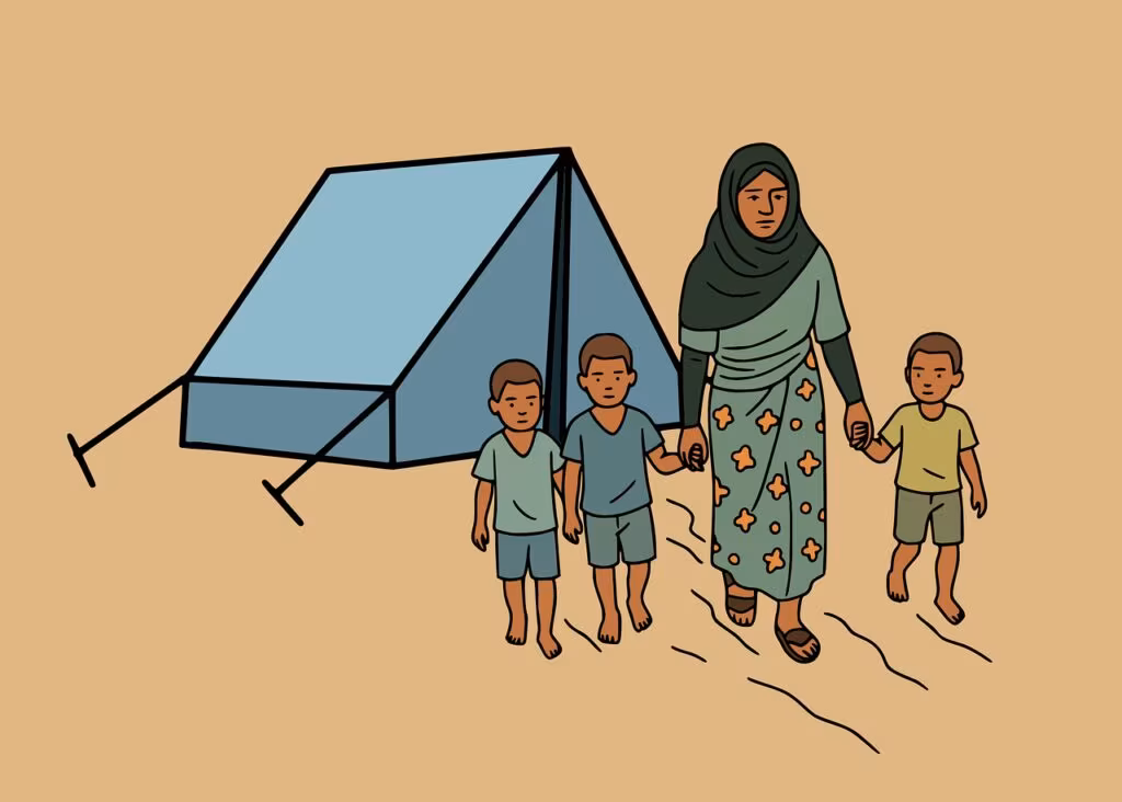 Makeshift shelters in a large refugee camp, illustrating the conditions faced by displaced Rohingya people.