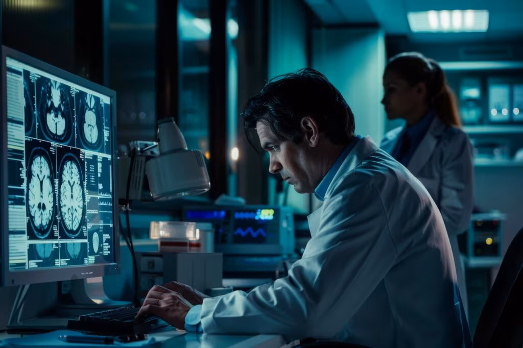 Medical professional reviewing brain scans and data related to neurological research and mental health.