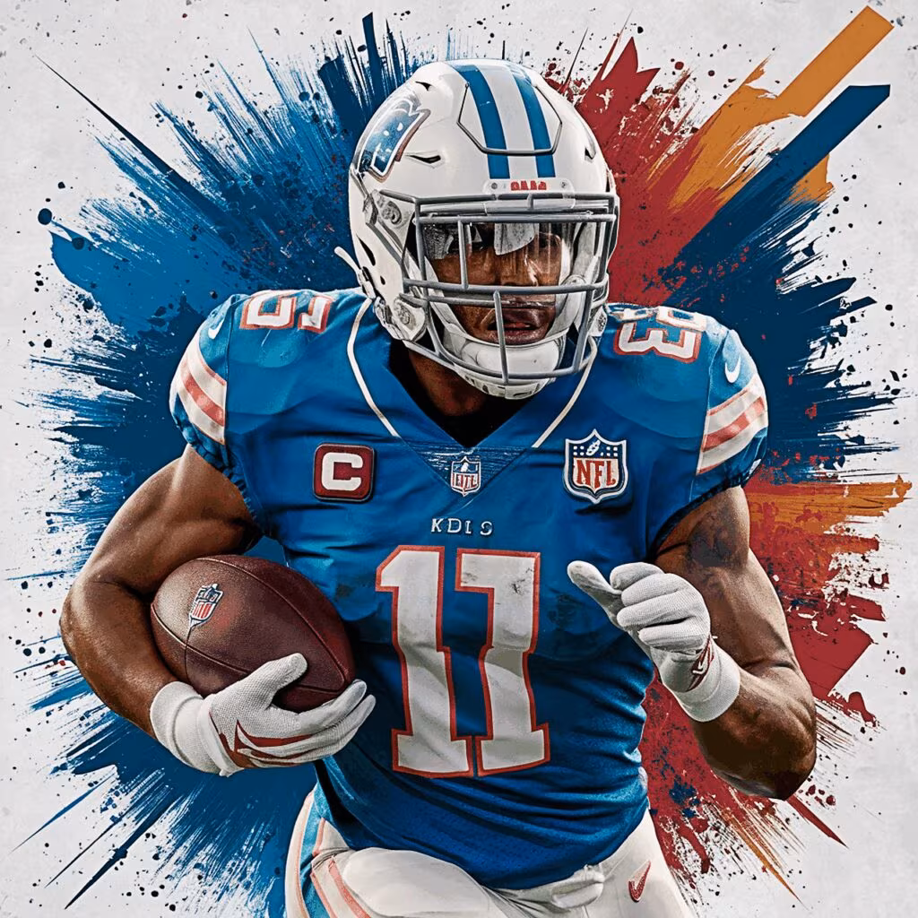 NFL quarterback leading a huddle on the field during a game.