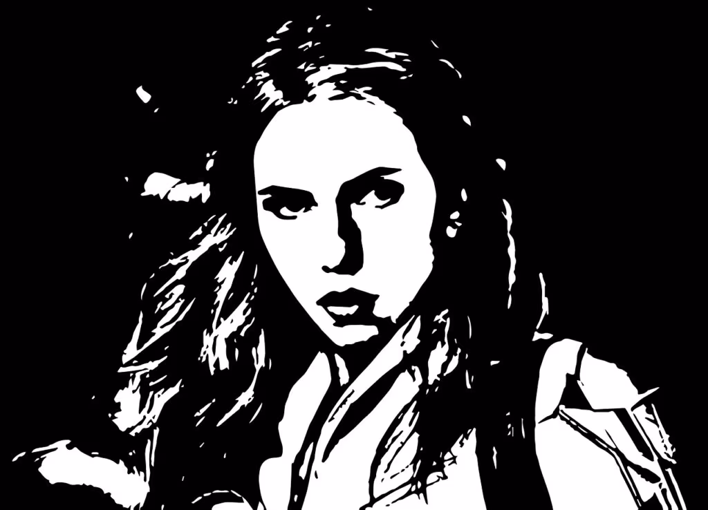 Professional portrait of actress Scarlett Johansson, looking focused and serious