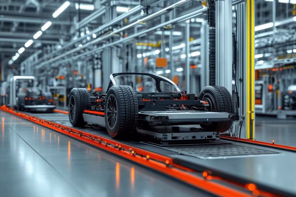 Robotic arm working on a car assembly line in a modern automotive factory