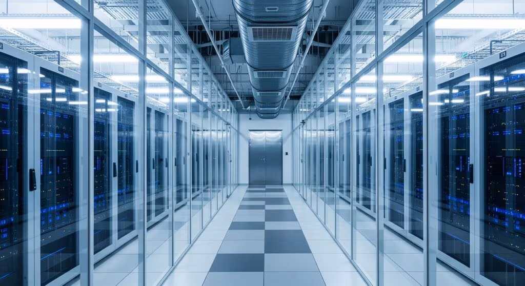 Rows of blinking servers in a data center, illustrating the infrastructure required to run large-scale online games like Battlefield 6.