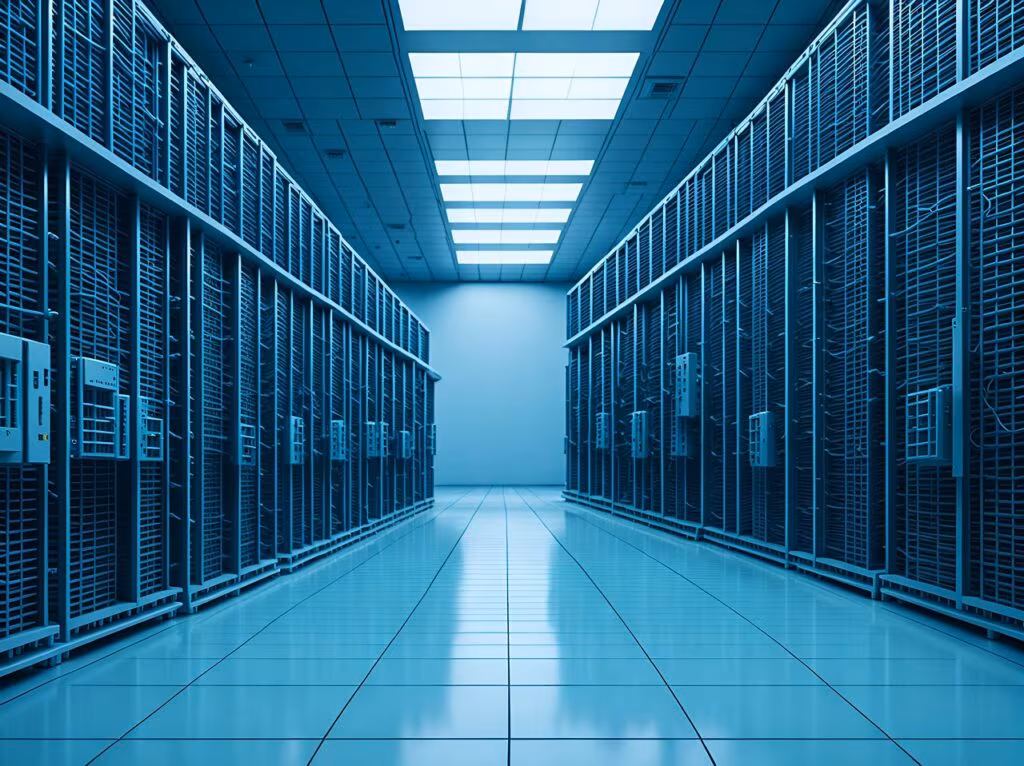 Rows of brightly lit servers in a massive data center, symbolizing the computational power driving modern AI.