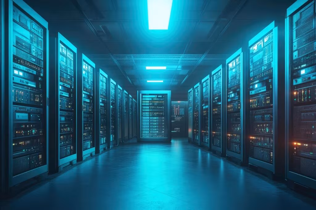 Rows of servers in a large, modern data center representing Amazon Web Services (AWS) infrastructure.