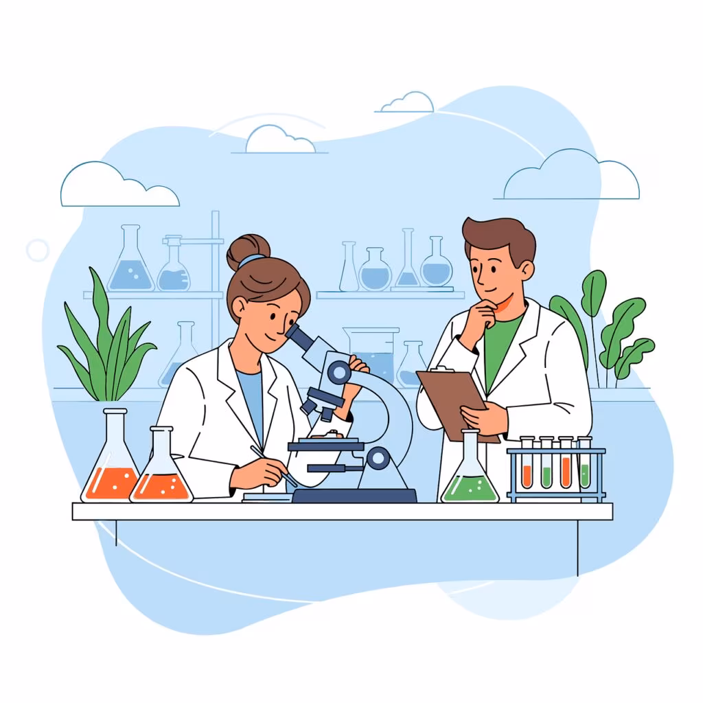Scientist in a lab coat working with samples under a microscope in a medical research facility.