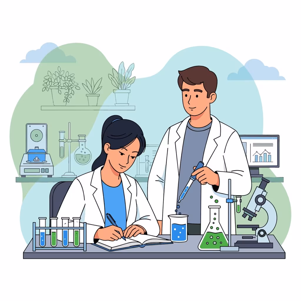 Scientist working in a laboratory with microscopes and test tubes, symbolizing medical research