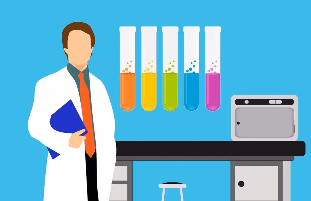 Scientist working in a medical research laboratory with test tubes and equipment