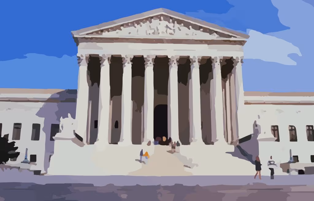 Silhouette of the scales of justice against a backdrop of courthouse columns, symbolizing the 'Fight For Rights' theme.